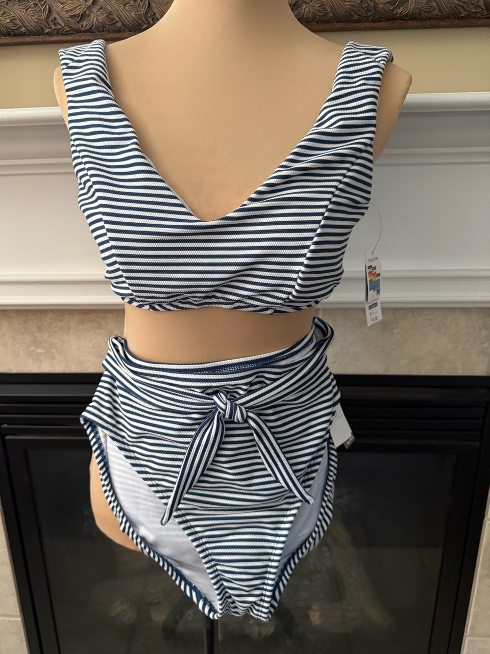 NWT Time & Tru Striped Navy and White Two-Piece High-Waist Bikini Large 12-14
